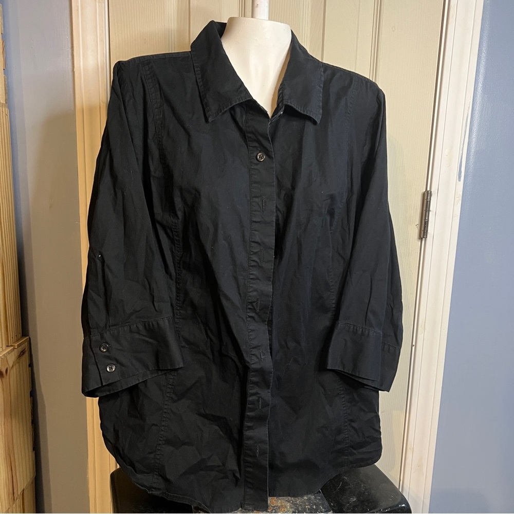 Bobby Brooks Stretch Button-Up Shirt Black 3/4 Sleeve Women's Plus 3X